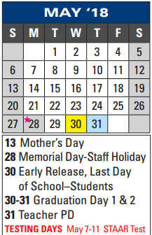 District School Academic Calendar for Bondy Intermediate for May 2018