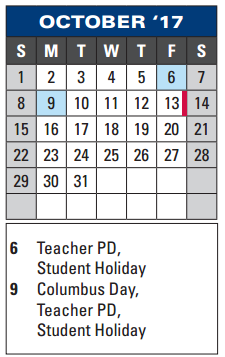 District School Academic Calendar for De Zavala Fifth Grade Center for October 2017