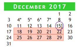 District School Academic Calendar for Brazoria Co J J A E P for December 2017