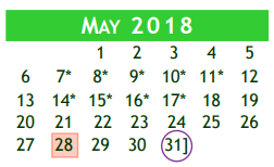 District School Academic Calendar for Alexander Middle School for May 2018
