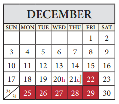 District School Academic Calendar for Pflugerville High School for December 2017