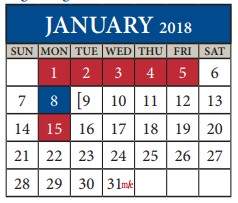 District School Academic Calendar for Travis Co J J A E P for January 2018
