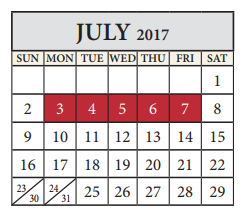 District School Academic Calendar for Westview Middle School for July 2017
