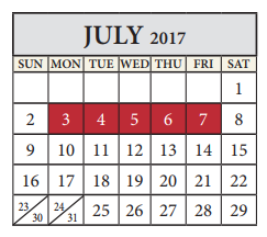 District School Academic Calendar for John B Connally High School for July 2017