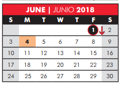 District School Academic Calendar for Memorial Elementary School for June 2018