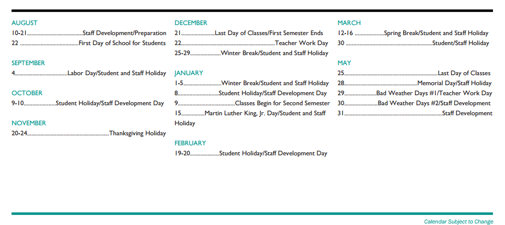 District School Academic Calendar Key for Williamson Co J J A E P