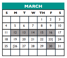 District School Academic Calendar for Williamson Co J J A E P for March 2018