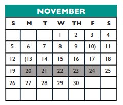 District School Academic Calendar for Williamson Co J J A E P for November 2017