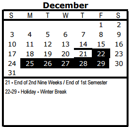 District School Academic Calendar for Wm B Travis Elementary for December 2017