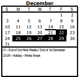 District School Academic Calendar for Brackenridge High School for December 2017