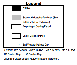 District School Academic Calendar Key for Pfeiffer Academy