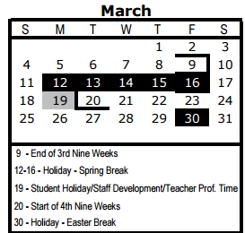 District School Academic Calendar for Wm B Travis Elementary for March 2018