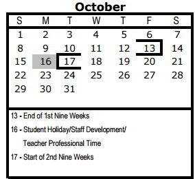 District School Academic Calendar for Collins Garden Elementary School for October 2017