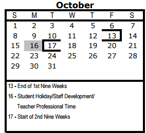 District School Academic Calendar for Henry Carroll Academy for October 2017