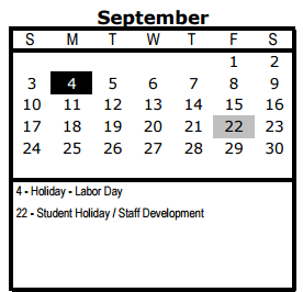 District School Academic Calendar for Dorie Miller Academy for September 2017