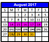 District School Academic Calendar for Juvenile Detention Center for August 2017