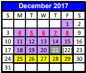 District School Academic Calendar for Juvenile Detention Center for December 2017