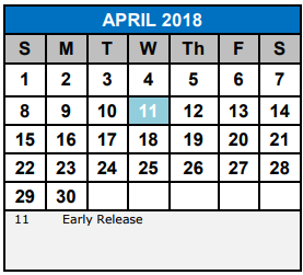 District School Academic Calendar for Schlather Intermediate School
 for April 2018
