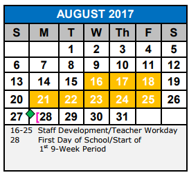 District School Academic Calendar for Norma J Paschal Elementary School for August 2017