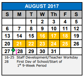 District School Academic Calendar for Allison  Steele Enhanced Learning for August 2017