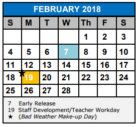 District School Academic Calendar for Schlather Intermediate School
 for February 2018