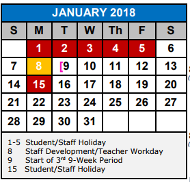 District School Academic Calendar for Ray D Corbett Junior High for January 2018