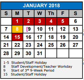 District School Academic Calendar for Allison  Steele Enhanced Learning for January 2018