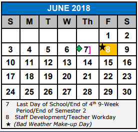 District School Academic Calendar for Schlather Intermediate School
 for June 2018