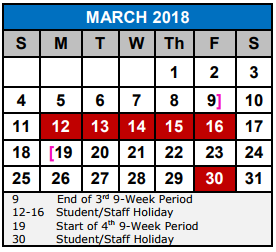 District School Academic Calendar for Ray D Corbett Junior High for March 2018