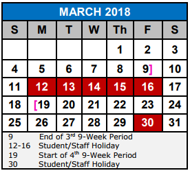 District School Academic Calendar for Watts Elementary School for March 2018