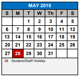 District School Academic Calendar for Green Valley Elementary School for May 2018