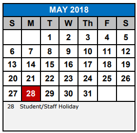 District School Academic Calendar for Jjaep Instructional for May 2018