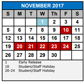 District School Academic Calendar for Samuel Clemens High School for November 2017