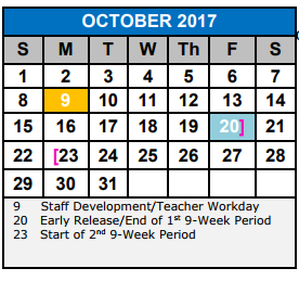 District School Academic Calendar for Ray D Corbett Junior High for October 2017