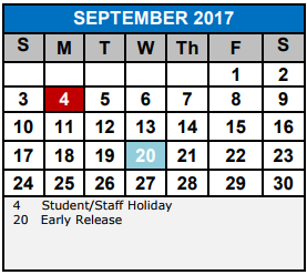 District School Academic Calendar for Schertz Elementary School for September 2017