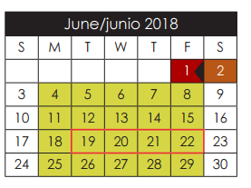District School Academic Calendar for Hueco Elementary for June 2018