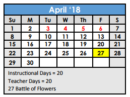 District School Academic Calendar for Bexar Co J J A E P for April 2018