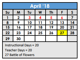 District School Academic Calendar for Frank Madla Elementary School for April 2018