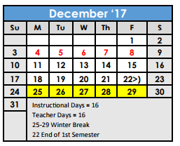 District School Academic Calendar for Miguel Carrillo Jr Elementary School for December 2017