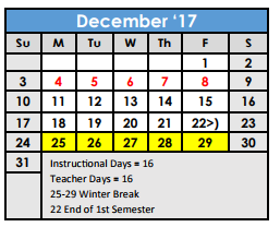 District School Academic Calendar for Bexar Co J J A E P for December 2017