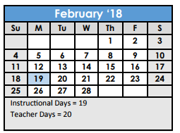 District School Academic Calendar for Robert C Zamora Middle for February 2018