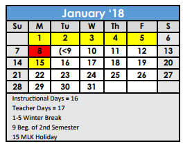 District School Academic Calendar for Bexar Co J J A E P for January 2018