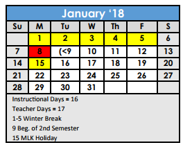 District School Academic Calendar for Kindred Elementary School for January 2018