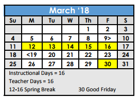 District School Academic Calendar for Alternative School for March 2018