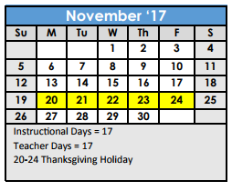 District School Academic Calendar for Hernandez Learning Center for November 2017