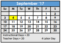 District School Academic Calendar for Roy Benavidez Elementary School for September 2017
