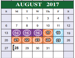 District School Academic Calendar for Bexar Co J J A E P for August 2017