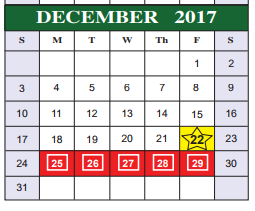 District School Academic Calendar for Bexar Co J J A E P for December 2017