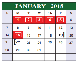 District School Academic Calendar for Bexar Co J J A E P for January 2018
