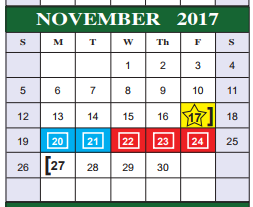 District School Academic Calendar for Sharon Christa Mcauliffe Junior High for November 2017